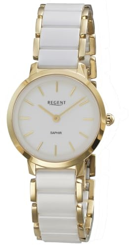 REGENT F-1626 Reloj de mujer Oro Acero Inoxidable Cerámica Esfera blanca Cristal de zafiro 30 mm Reloj de cuarzo