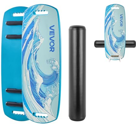 VEVOR Planche d'Équilibre, Planche à Rouleau en Bois, pour Fitness Tronc Entraînement Équilibrage Surf Proprioception, Simulateur de Surf avec Butées Magnétiques et Support de Rangement, Bleu