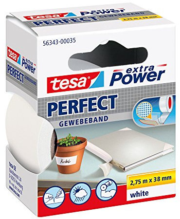tesa extra Power Perfect - Ruban Adhésif Toilé - Ruban de Réparation pour Artisanat, Fixation, Renforcement et Étiquetage - Blanc - 2,75 m x 38 mm