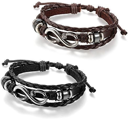 Flongo herr dammode rostfritt stål CZ oändlighet kärlek läder surfare manschettarmband, passar 20,3-25 cm handled e rostfritt stål, colore: 2pcs,black,brown, cod. F047006