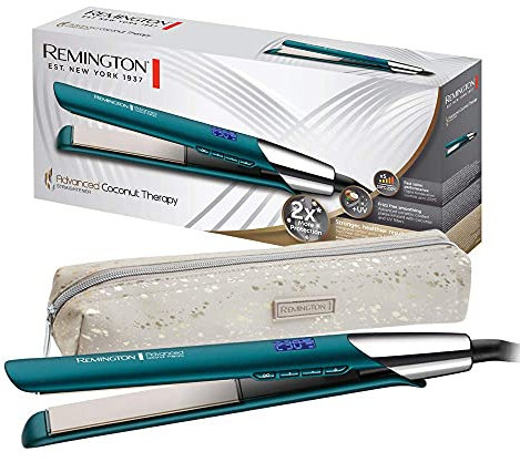 Remington Glätteisen Advanced Coconut Therapy (hochwertige Keramikbeschichtung angereichert mit Kokosnuss & UV-Filter, integr. Sensor) LCD-Display, Haarglätter S8648