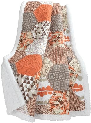 Lush Decor Briley Reversible Throw-Colorful Hexagon Patchwork Pattern Blanket, Tangerine-60 x 50