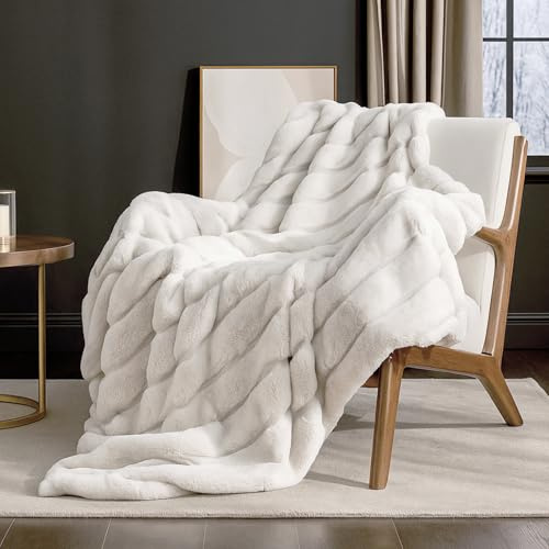Cozy Bliss Deluxe Sheared Rabbit Faux Fur Throw Blanket, Soft Fuzzy High-Low Sculpted Plush Blanket for Couch, Cozy Home Accent, All Season Use, Beige 50x60