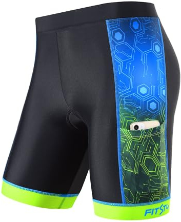 FitsT4 Sports Kids Cycling Bike Shorts Boys Girls Printed Biking Shorts Padded Youth Triathlon Shorts with Pockets Blue Size L