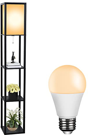 YU YUSING Lampadaire Étagère en Bois, 1.6m Lampadaire sur Pied avec 3 Étagères 4 Niveaux, Lampe de Plancher avec E27 Ampoule pour Salon Chambre Bureau, Noir