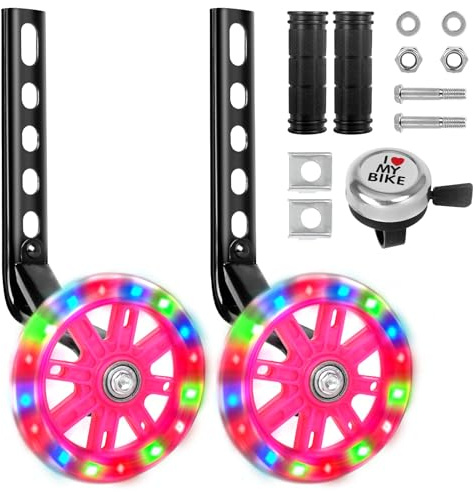 Foreverup Stabilisers for Childs Bike, Bike Stabilizers Training Support Wheels Mute Flash Wheels, Bicycle Stabiliser with Bell & 2 Grip for Childs, for 12 14 16 18 20 Inch Bikes, Pink