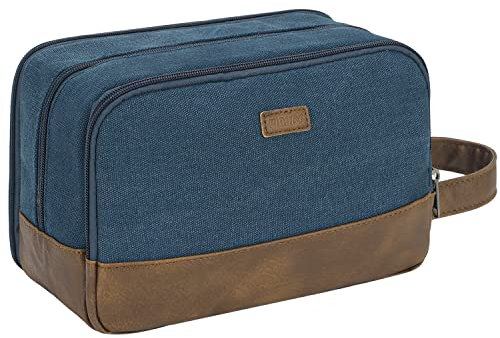 WANDF Kulturtasche für Herren Reise-Kulturtasche,Dopp-Kit aus Canvas,Wasserabweisende vegane Ledertasche für Rasierutensilien und Toilettenartikel (Blau)