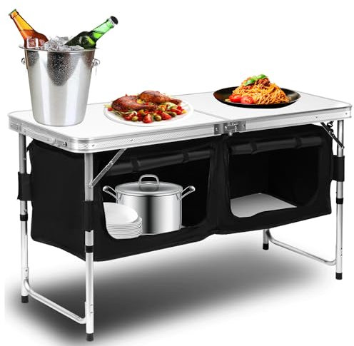 Jopassy Campingschrank faltbar, Campingküche Alu mit Stauraum/Tragetasche, Outdoor Picknick Camping Faltschrank, Höhenverstellbar, Campingtisch Campingmöbel Küchenschrank Reiseküche