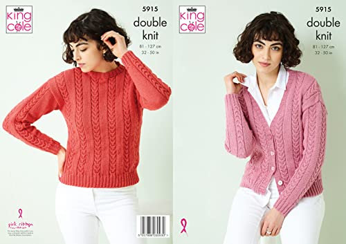 King Cole Ladies Double Knit DK Knitting Pattern Cable Sweater & Cardigan (5915)