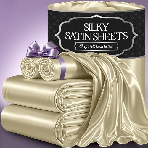 DECOLURE Satin Bed Sheets - 4 Piece Luxury Silky King Size Bedding Set - Softer Than Silk, Wrinkle-Free with 15” Deep Pocket Fitted Sheet, Perfect for Hair & Skin, Gifts for Women (Champagne)