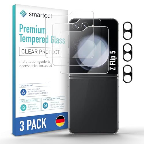 smartect Frontale Vetro Temperato [3 + 3 Pezzi, Clear] compatibile con Samsung Galaxy Z Flip 5, Schermo + Fotocamera, Pellicola Protettiva HD Anti Graffio, Senza Bolle, Durezza 9H
