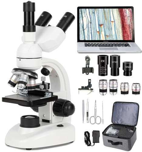 Microscopio BiolóGico Trinocular Microscopio Compuesto Profesional 40-5000x -Ocular ElectróNico/Lentes Objetivas (4X,10x,40x, 100x)/Oculares (10x,25x,2X)/Bolsa De Almacenamiento,White