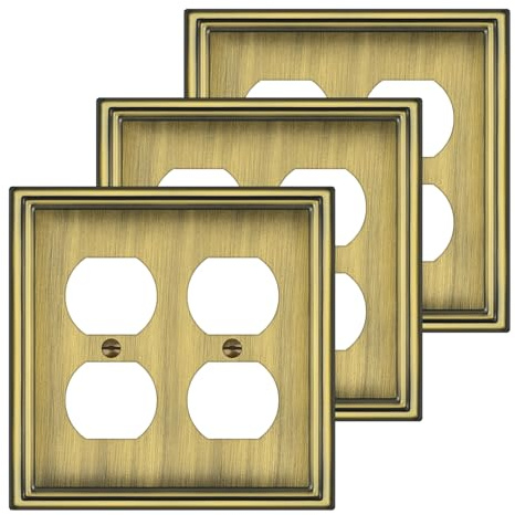 Placca da parete in metallo con doppia presa, in ottone anticato, decorazione per interruttore della luce, 2 uscite, stile classico, confezione da 3