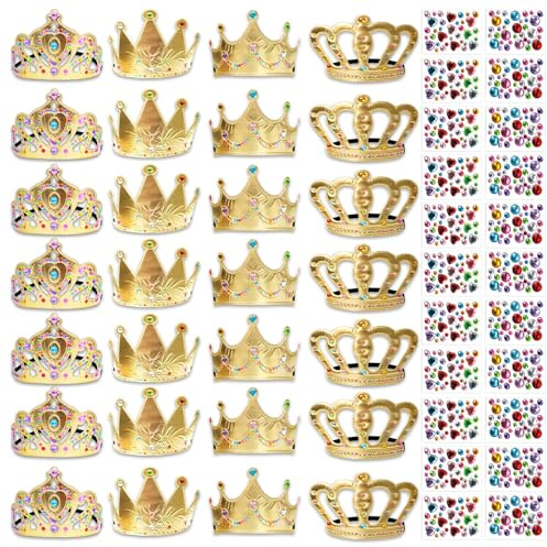SENONAPO 50 Pcs Foam Crowns Kids Princess Tiaras Crowns Bulk with 2 Styles DIY Diamond Sticker Making Kits for Kids Birthday Party Supplies