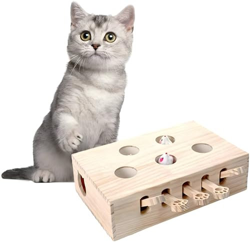 BOHJPIS Interaktives Katzenspielzeug Holz Spielzeug, Maulwurf Maus, Puzzle Box mit Spielzeugen für Katzen, Jagd, Spielen, Trainieren Kratzen 5 Löcher perfekt für Indoor-Übung und Spaß (Holzfarbe)