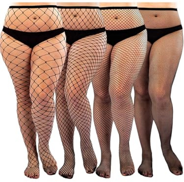 Sksshion Women's 4 Pairs Sexy Plus Size Fishnet Tights Stockings High Waist Pantyhose Black One Size