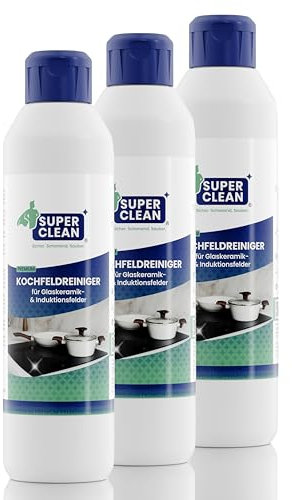 SUPER CLEAN Kochfeldreiniger für alle Glaskeramik- und Induktionskochfelder. Inhalt: 3 x 250 ml. Strahlende Reinigung und Pflege – entfernt Eingebranntes & Fett – Kennzeichnungsfrei, Umweltfreundlich