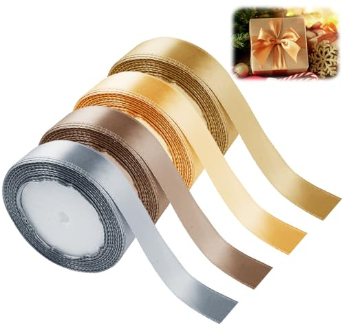 4 rullar presentband satin 25 mm x 22 m band guld, 4 färger polyester sidenband present dekorband, presentband guld, band för förpackning som present jul pyssel födelsedag