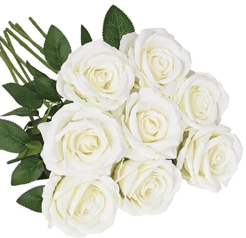White Artificial Flowers, 8 White Roses Artificial Flowers for Wedding Decor, Home Decoration, Party Arrangements, 50cm Long Silk Roses