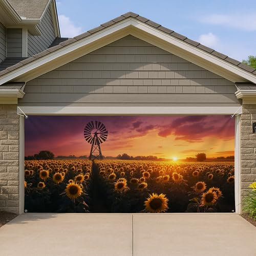 Couverture de porte de garage en forme de tournesol - Décoration de garage rustique - Décoration de jardin d'été - Toile de fond - 397 x 180 cm