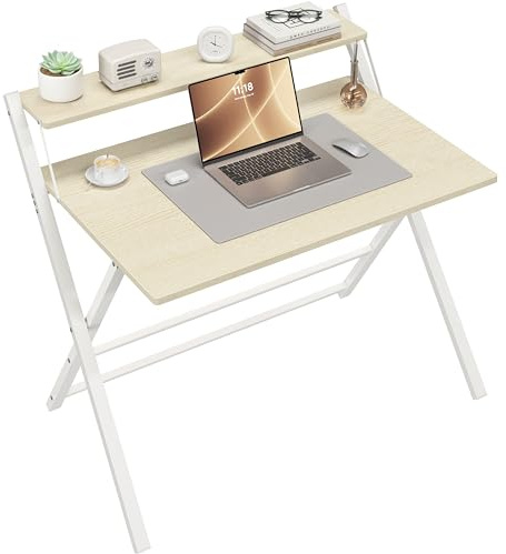 Yaheetech Scrivania Pieghevole per Computer a 2 Livelli 100 cm Tavolo Pieghevole in Legno Moderno Design Scrivania Salvaspazio Compatto Tavolino con Ripiano per Monitor Legno Chiaro/Grande