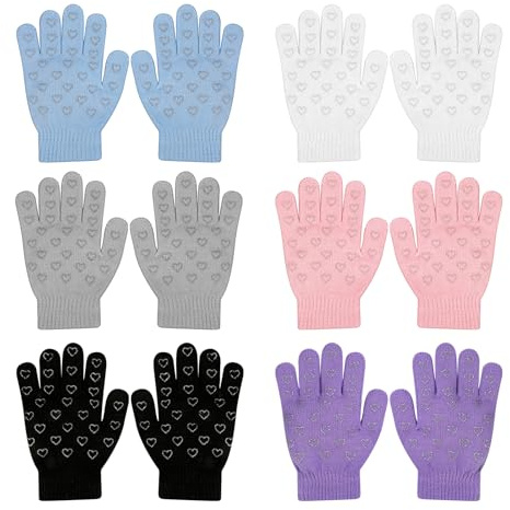 QKURT 6 Paires Gants Magiques Extensibles pour Enfants, Gants en Tricot d'Hiver Extensibles pour 5 à 13 ans Garçons Filles Enfant, Tricotés et Chauds pour Port Quotidien en Extérieur