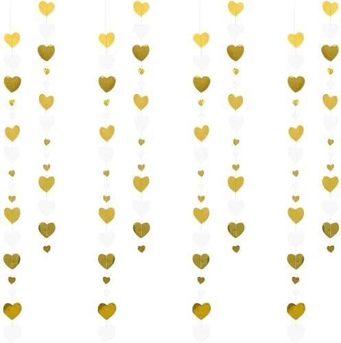 14 ft Heart Hanging Streamers,White and Gold Paper Garlands Hanging for Wedding Decorations,Engagement Party Decorations with Heart Streamers,for Anniversary,Birthday,Valentine's Day Decoration