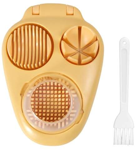 3 in 1 Way Hard Boiled Egg Slicer, Plastic Egg Cutter & Dicer Chopper with 3 Slice Modes and Cleaning Brush for Strawberries Apples Tomatoes Mushrooms & Soft Fruits Food Kitchen Tool Gadgets (Yellow)