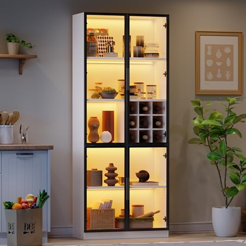 Vitrina de 80 x 35 x 200 cm con puertas de cristal con LED, armario alto, librería, vitrina de pie, elegante aparador con puertas dobles, estante de cristal y soporte para vinos