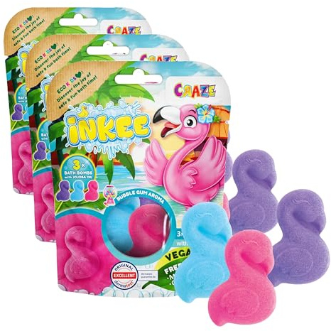 INKEE Flamingo Confezione da 3 bombe da bagno per bambini a forma di fenicottero al profumo di gomma da masticare, assortimento di 3 colori che colorano l'acqua rosa, viola e blu, senza glutine,