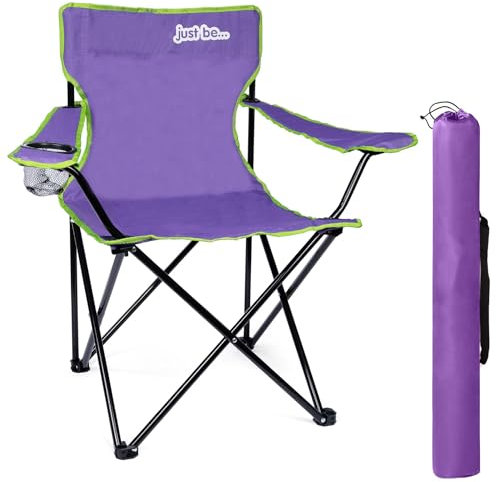 just be... Camping Chair – Lightweight, Foldable & Portable Outdoor Seat with Armrests, Cup Holder & Carry Bag | For Adults & Kids | Garden, Beach, BBQ & Fishing – Purple with Green Trim