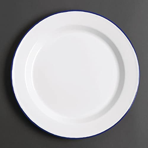Olympia Assiette plate en acier émaillé, 245 mm/9 5/8 pouces (lot de 6), blanc avec bord bleu, assiettes de camping, GM512