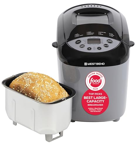 West Bend Hi-Rise Bread Maker Machine Programmable 12 Programs Including Gluten Free & 3 Loaf Sizes and Crust Colors with Traditionally-Shaped Horizontal Bread Pan with Dual Knead Blades, 3-Lb, Gray