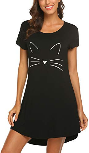 MAXMODA Damen Nachthemd Printed Kurzarm Scoopneck High Low Sleep Tee schwarz Katze XL