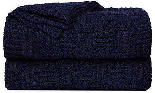 sourcing map 100% Cotton Cable Knit Throw Blanket Soft Lightweight Lap Blanket Textured Solid Sofa Throw Couch Cover Decorative Knitted Blankets, Navy Blue 47x 70