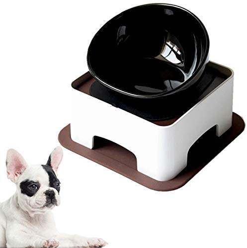Bulldog Bowl Ceramic Dog Food Bowl - Dog Cat Dish Wide Mouth Dog Bowl Pet Sterile Tilted Pet Feeder with Anti-Skid Rubber Mat (Black Bowl Set, 1.5 CUP)