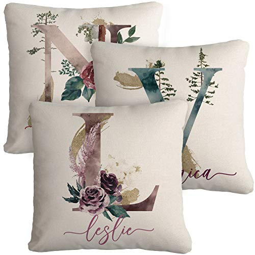 Lara Laser Works Gifts for Women, Personalized Initial Throw Pillow Covers 15x15 Custom Pillowcase Canvas, Floral Letters w/Name, Alphabet Home Decor Cushion Case, Bridesmaid, Bridal Shower Gifts