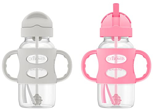 Dr. Brown's Wide-Neck Sippy Straw Bottles with Silicone Handles, Gray and Pink, 270ml, 9 Oz (Pack of 2)