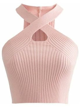 KOEMCY Crop Top Mujer, Camisola Camiseta sin Mangas Mujer Verano Sexy Calado Entrecruzado Tank Tops Elegante Corto Informal de Color Sólido Chaleco (Rosa)