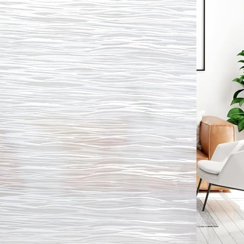 LUTE Window Privacy Film, Frosted Glass Window Film, Removable Sun Blocking Heat Control Door Frost Covering, Static Cling Decorative Opaque Frosting Cling Glass Sticker, Wave Pure, 17.5 x 78.7