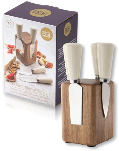 4 Piece Cheese Knife Set & Block - Stylish Cheese Knives Gift Set With Magnetic Acacia Wood Block. Cream Coloured Ceramic Handles & Classic Polished Stainless Steel Blades. 10 Year Guarantee.