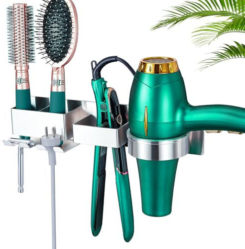 WAYASI Fönhalter Ohne Bohren, Föhn Halterung für Haartrockner und Glätteisen, Haartrockner Halterung Edelstahl Föhnhalter Wand Glätteisen Halterung Selbstklebend Haartrocknerhalter Bad Barbershop