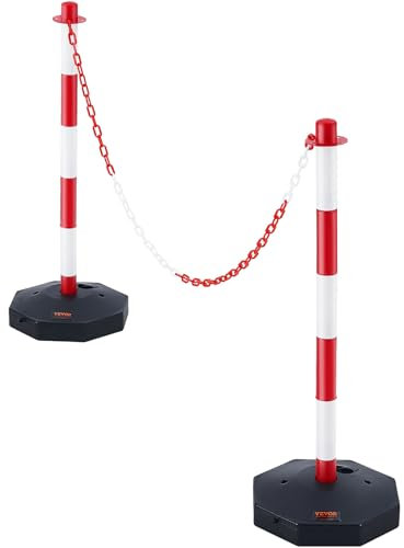 VEVOR Poteau de Signalisation 2PCs Poteau de Délimitation sur Socle Remplissable Hauteur Réglable Cône de Signalisation Longue Chaine 2,4 m pour Contrôle de Circulation Chantier Parking Rouge et Blanc