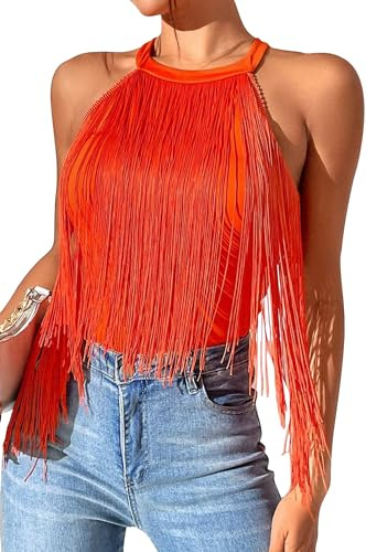 Maeau - Femme Top sans Manches à Franges Débardeur Sexy Plage Été Top sans Manches Chic Col Rond Fête Club - Rouge orangé - M
