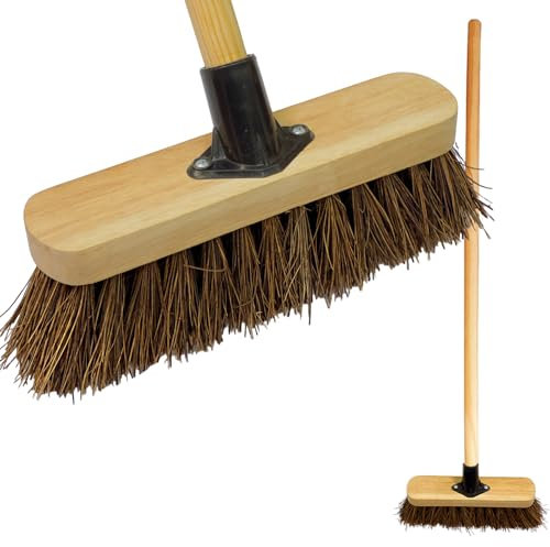 10” Outdoor Yard Broom with Wooden Handle Stiff Bassine Hard Bristle with Durable Support Bracket Garden Brush Heavy Duty Broom for Driveways, Sidewalks, Patios and Deck (PACK OF 1)