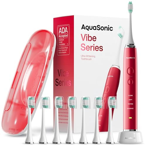 Aquasonic Vibe Series Ultra-Whitening Toothbrush – ADA Accepted Electric Toothbrush - 8 Brush Heads & Travel Case – 40,000 VPM Motor & Wireless Charging - 4 Modes w Smart Timer – Ruby