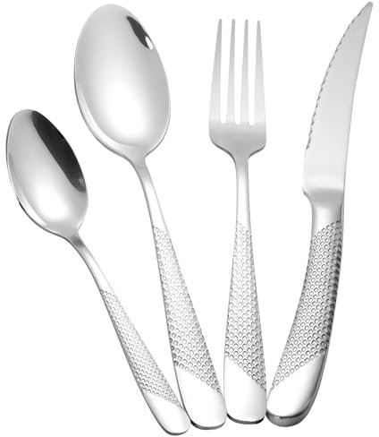 Set di posate martellate da 24 pezzi, posate in acciaio inox 18/10, set di posate per 6 persone, set di forchette cucchiai coltelli (Argento)