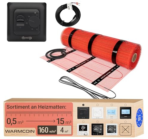 Warmcoin Elektrische Fußbodenheizung Komplettset 160 W/m² – Selbstklebende Heizmatte für Fliesen, Laminat, Vinyl & Parkett [0,5 x 8 m = 4 m²] – Inkl. Thermostat W70 Schwarz