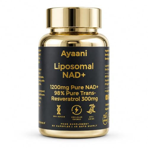 Ayaani Liposomal NAD+ Supplement 1200mg | NAD Plus with 98% Trans-Resveratrol 300mg | Cellular Energy, Anti-Ageing, Longevity, Vitality & Metabolism Support | Vegan | 80 Capsules