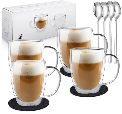 Zobel Latte Macchiato Gläser 350ml mit Henkel | 4er Set doppelwandige Kaffeegläser aus Borosilikatglas inkl. Untersetzer & Löffel | Spülmaschinenfest & hitzebeständig